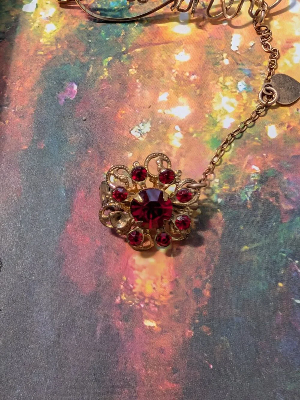 1930's 1940's Mother Wire Brooch & Red Rhinestone Flower Chatelain Brooch